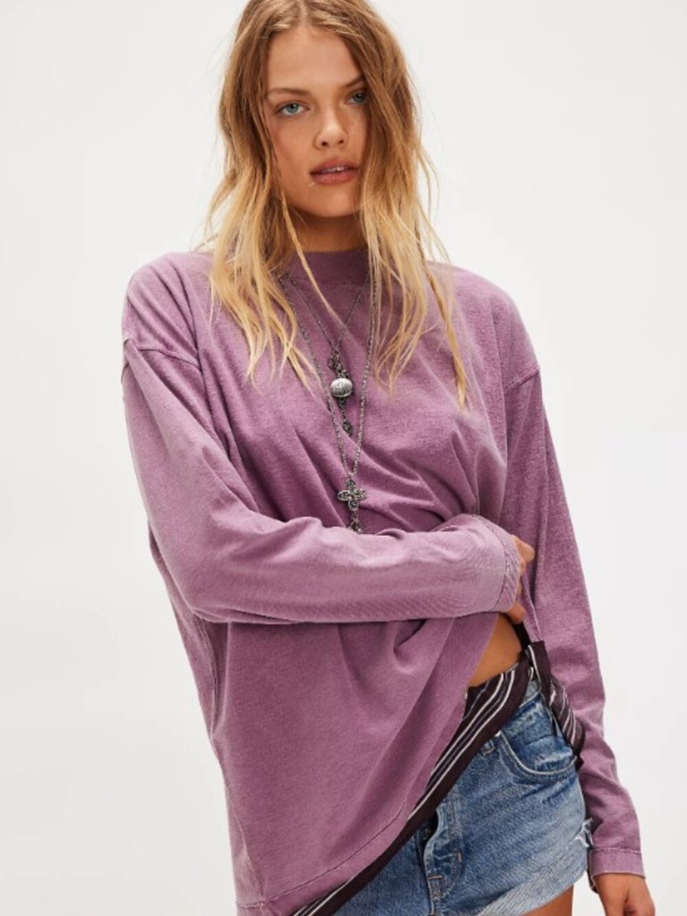 Free People We the Free Mauve Distressed-Style Long-Sleeved T-Shirt-XL
